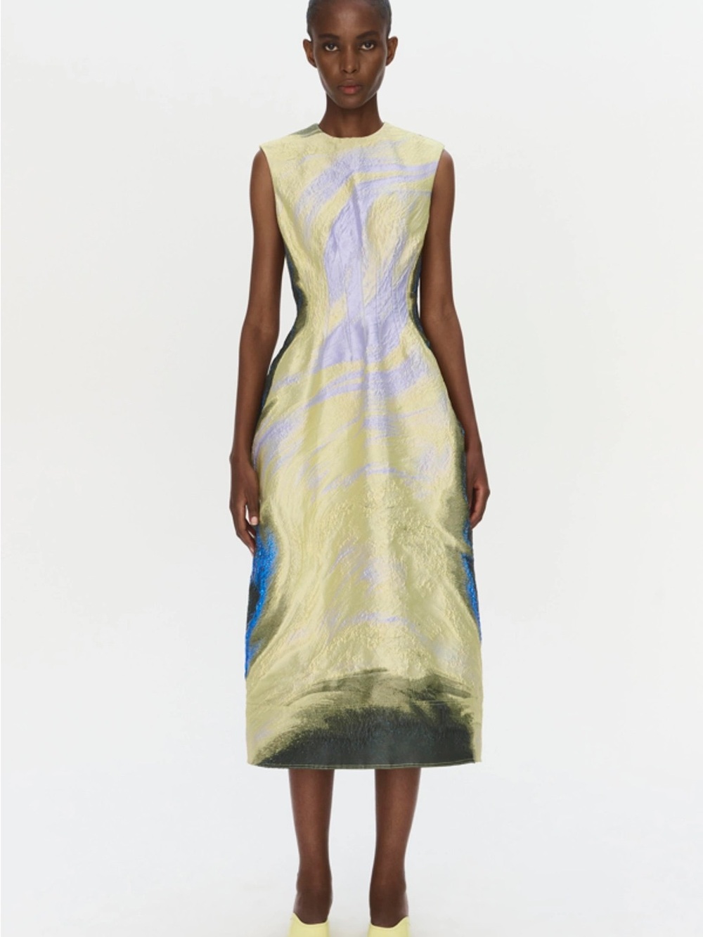 Simkhai Sleeveless Pastel Yellow Midi Dress with Blue & Lilac Accents